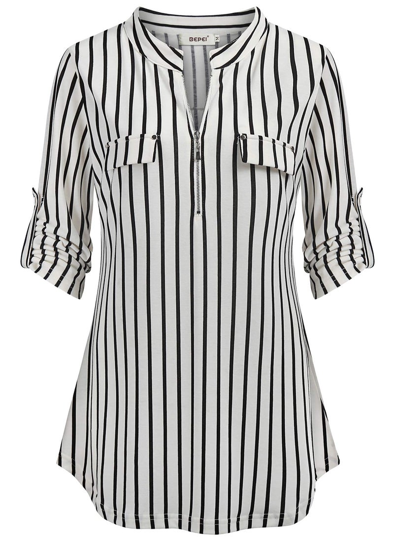 BEPEI Fall Clothes for Women,Dressy Casual Work Tops Cute 3/4 Sleeve Shirt Decorative Pockets Embellished Knitted Easy Fit Maternity Blouses Country Peplum Tunics Black White Stripe Plus Size 2025 2XL - Image 1
